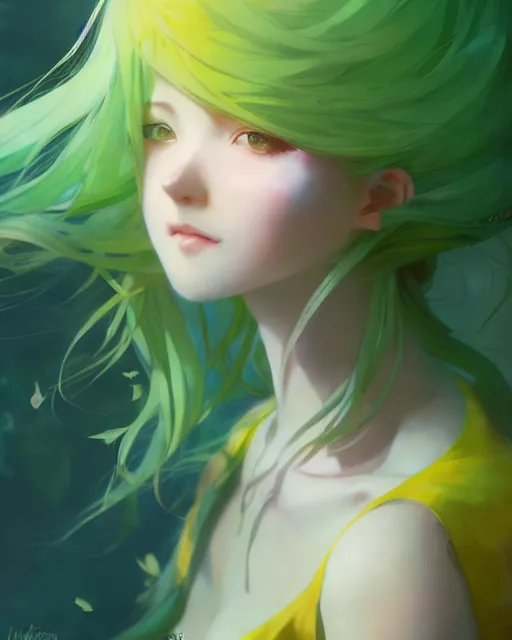 Image similar to girl with green hair and yellow clothing, flower decoration on the background, a beautiful half body illustration, top lighting, perfect shadow, soft painting, art by hidari and krenz cushart and wenjun lin