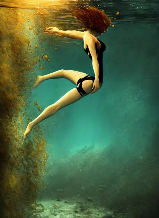 Image similar to finnish woman diving underwater, backround dark, highly detailed, digital illustration, trending in artstation, modern painting, smooth, sharp focus, intricate, einar jonsson, ilya repin