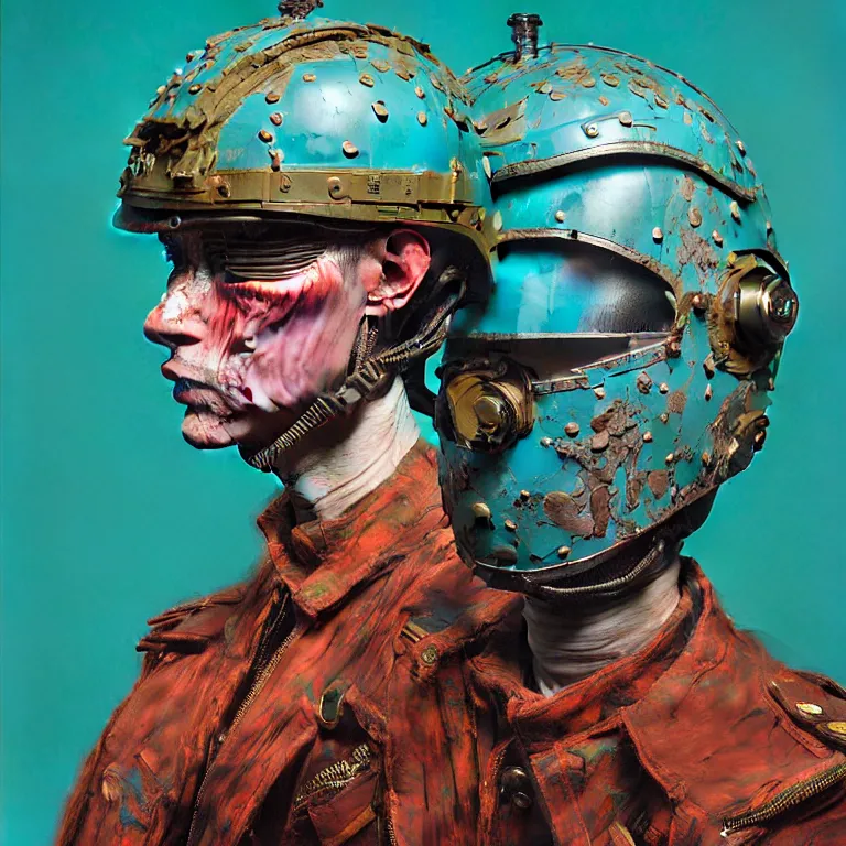 Prompt: hyperrealistic detailed portrait of a military brutal character in ornate diamonds fighter pilot helmet, in background turquoise plastic bag, rich deep colors, ultra detail, by francis bacon, james ginn, petra courtright, jenny saville, gerhard richter, zdzisaw beksinski, takato yamamoto. masterpiece, elegant fashion studio ighting, 3 5 mm