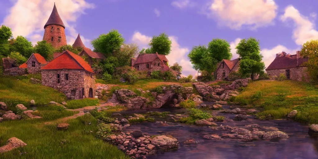 Prompt: a serene landscape with a small medieval stone house near a river in the style of Pixar, anime style, low saturation, high quality, highly detailed, 4k, complementary colours, cartoon