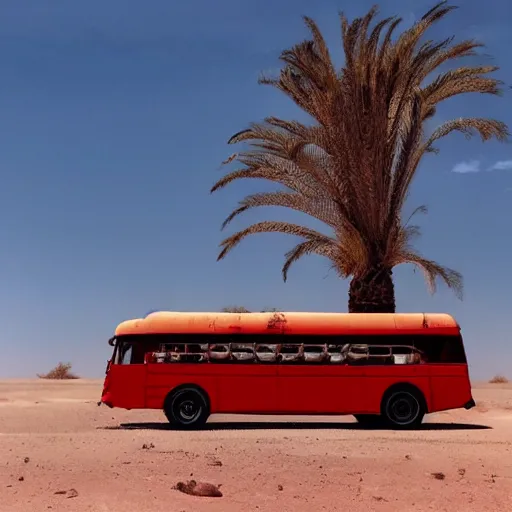 Image similar to photo of a red bus in desert, mad max fury road style