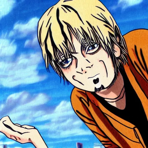 Image similar to Kurt Cobain as an anime cartoon, ghibli style