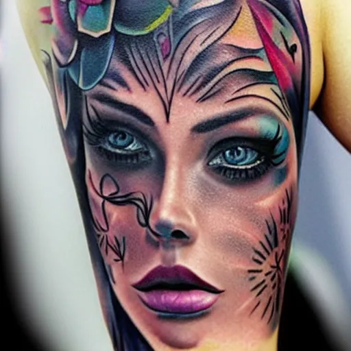 Prompt: tattoo on female face, epic, colorful, beautiful, intricate detail