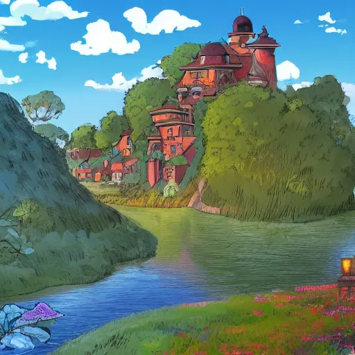 Image similar to Tour Zamansky in the style of studio ghibli, beautiful landscape, intense lighting, 8k, trending on artstation