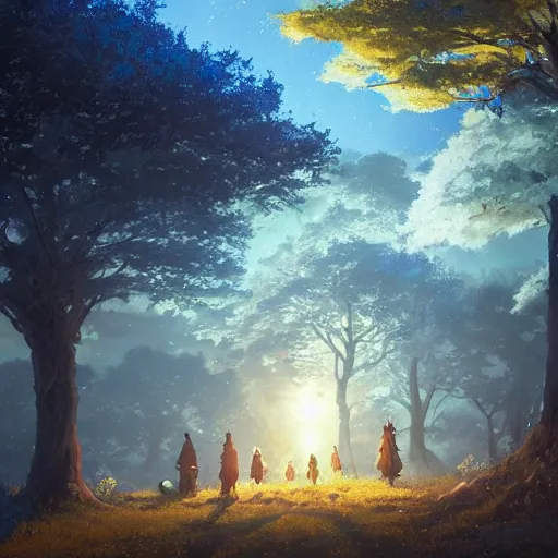 Image similar to lost souls forming new life beneath a glowing blue tree on a gold hill, night sky, digital art by greg rutkowski and makoto shinaki, studio ghibli, trending on artstation