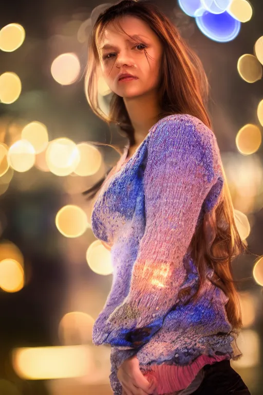 Prompt: 8 5 mm photography of close up of beautiful woman with dof and bokeh and vibrant colourful lights out of focus in the background, nighttime, highly detailed 8 k, sharp focus, intricate, lifelike, soft diffused light, nikon d 8 5 0,