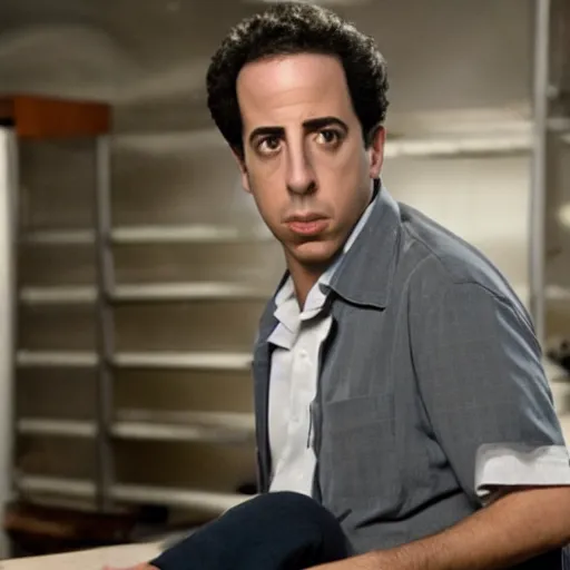 Prompt: Live Action Still of Young Jerry Seinfeld in Breaking Bad, real life, hyperrealistic, ultra realistic, realistic, highly detailed, detailed, very detailed, cool, ultra detailed, very realistic, trending on artstation, epic, HD quality, 8k resolution, body and headshot, film still, real, detailed face, very detailed face, real life