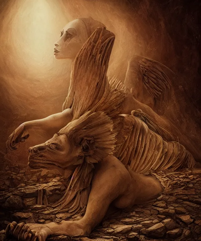 Image similar to epic professional digital art the sphinx, horrific yet beautiful vibe, evocative, atmospheric lighting, painted, intricate, highly detailed, by leesha hannigan, wayne haag, reyna rochin, ignacio fernandez rios, mark ryden, iris van herpen, artstation, cgsociety, stunning, gorgeous, sharp focus, cinematic, masterpiece