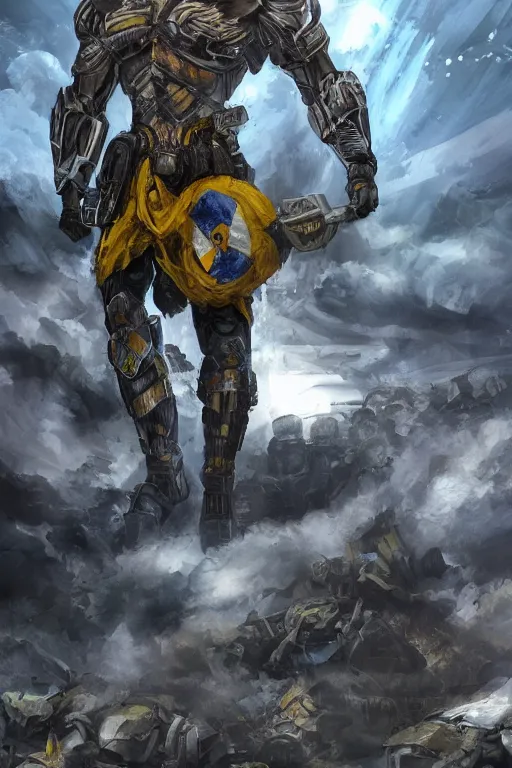 Image similar to a full body shot from distance of a super soldier with a Ukrainian blue and yellow stripes flag standing in the beam of light from the clouds on a pile of skulls and rotten cars as a winner, masculine figure, D&D, fantasy, intricate, elegant, highly detailed, digital painting, artstation, concept art, matte, sharp focus, symmetrical, illustration, hyperrealistic, art by Artgerm and Greg Rutkowski and Alphonse Mucha