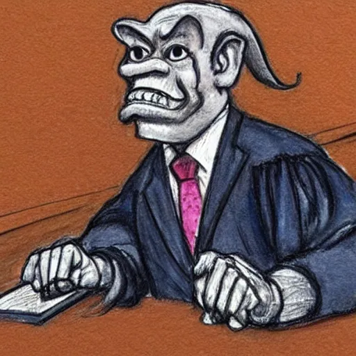 Image similar to a vivid courtroom sketch of a goblin testifying on trial,