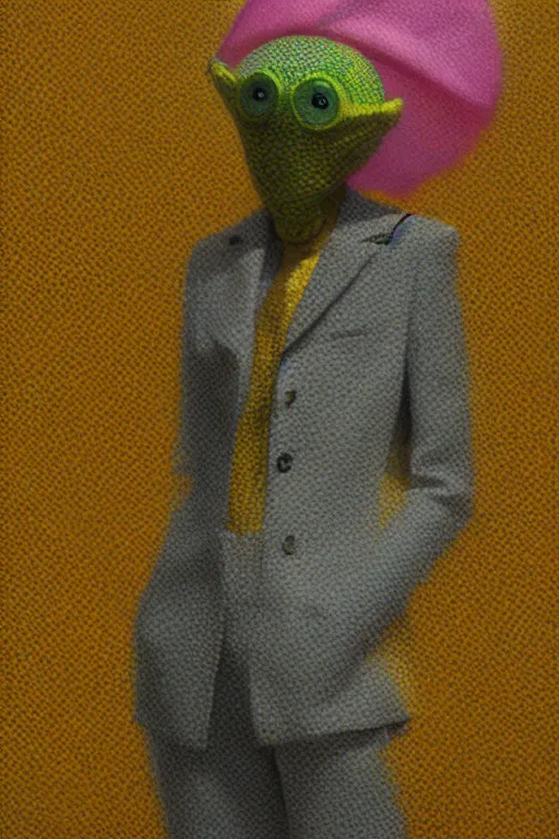 Prompt: a scene filled with yellow fog and with a creature wearing a super colorful muted color diy! suit, with a lot of pockets and details, vivienne westwood!, detailed photoreal render octane render, oil on canvas, pointillism