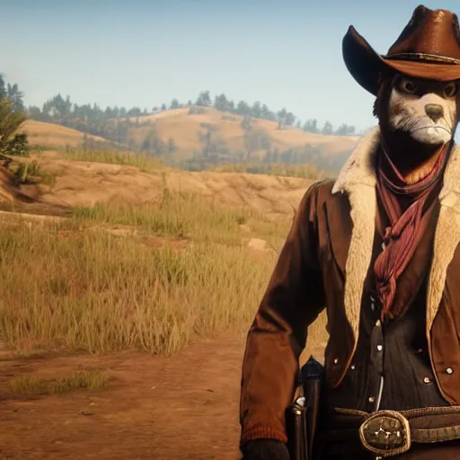 Image similar to video game screenshot of an anthropomorphic fox wearing western clothing as a character in red dead redemption 2