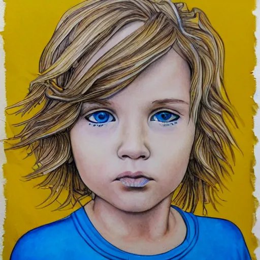Prompt: of accurate and realistic representation of a close up portrait of a cute blue eyed blond hair boy. colored paints and colored inks on vellum.