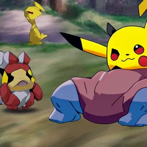 Image similar to pikachu laying down in fetal position, machoke behind him