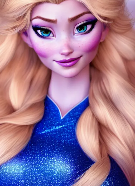 Prompt: gorgeous female elsa, professionally retouched, natural colors, soft lighting, hyper realistic, smooth face, full body shot, torso, dress, perfect eyes, sharp focus on eyes, 8 k, high definition, insanely detailed, intricate, elegant, art by j scott campbell and artgerm