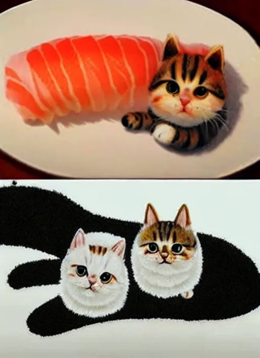 Image similar to clear photorealistic picture of adorable cats made out of sushi