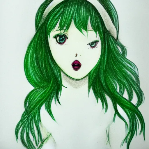 Prompt: drawing of my dream girl, green hair, short, cute