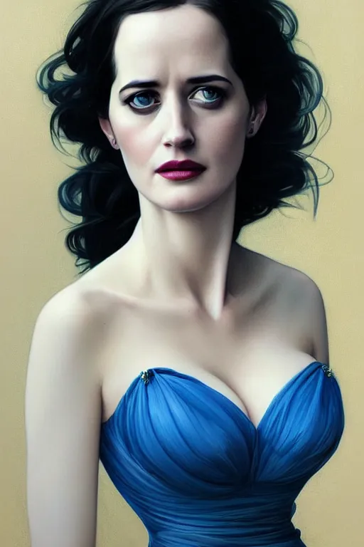 Prompt: eva green in a blue dress, realistic portrait, symmetrical, highly detailed, digital painting, artstation, concept art, smooth, sharp focus, illustration, cinematic lighting, art by artgerm and greg rutkowski and alphonse mucha