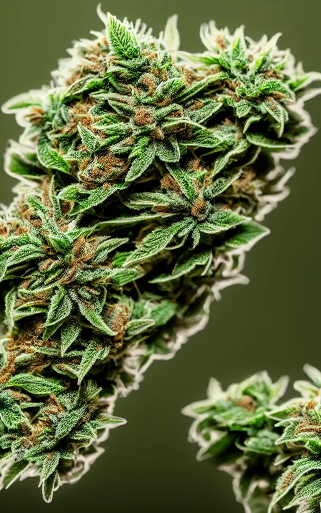 Prompt: beautiful marijuana flower with buds covered in stunning large moist trichomes trichomes trichomes, extreme close - up highly - detailed macro photography, focus, centered, rim lighting, dslr in the style of erik christiansen