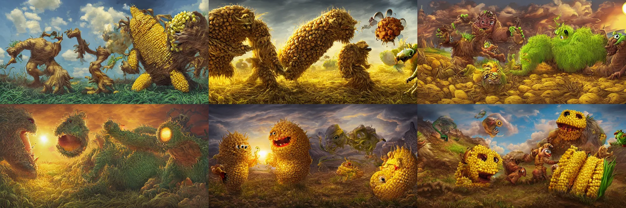 Prompt: corn-monster vs potatoe-monster fight, epic digital art illustration, wide angle, masterpiece, outstanding detail, illustration