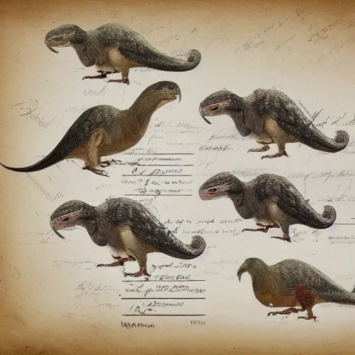 Image similar to vintage parchment with a sketch of a group of feathered dinosaurs with full descriptions, 8K, HD, highly detailed, high quality