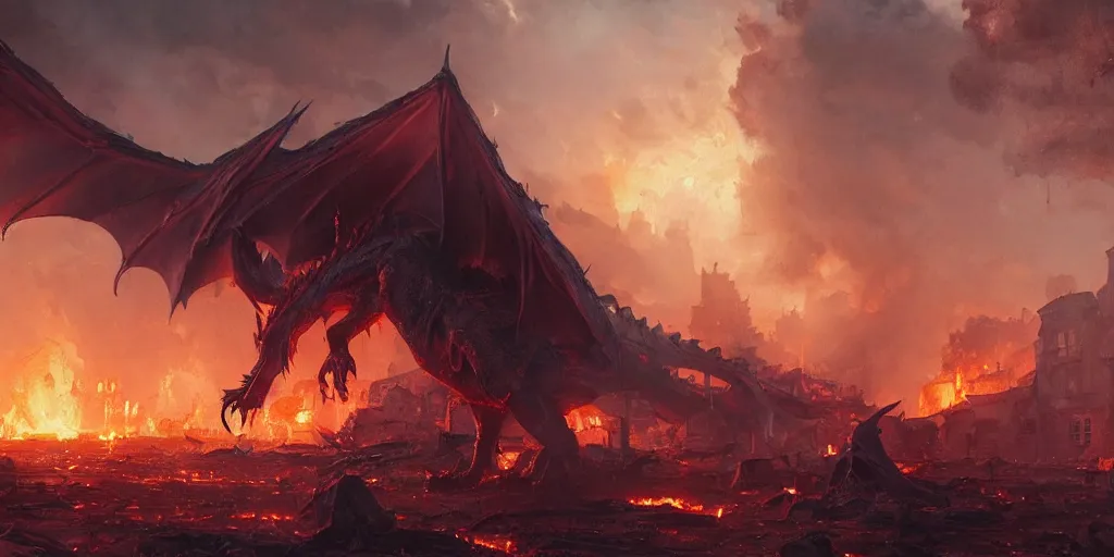 Image similar to a painting of a cinematic keyframe of a a dragon standing in a destroyed medieval town, with fire by greg rutkowski, rule of thirds, golden ratio, ambient lighting, wlop, artgerm, artstation, highly detailed masterpiece, dark fantasy art, high detail, trending on artstation