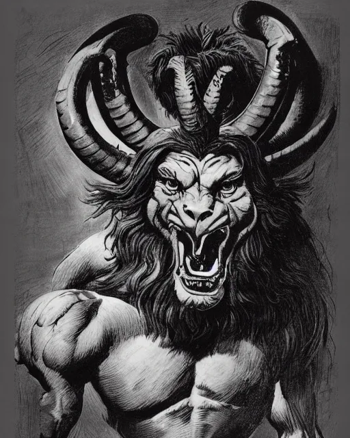 Image similar to a creature with the body and eyes of a man, with the beak of an eagle, the mane of a lion, and the horns of an ox. drawn by frank frazetta