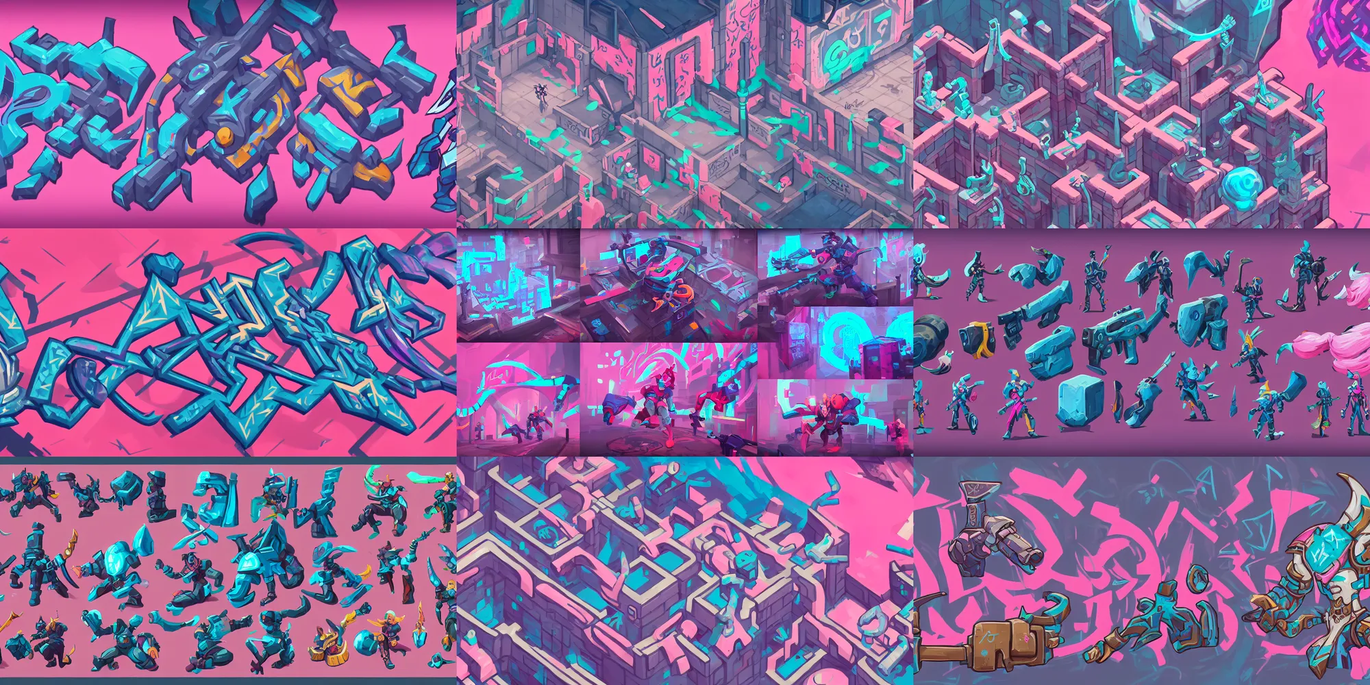 Prompt: game asset of motifs and grafitti in wall, in gouache detailed paintings, props, stylized, 2 d sprites, kitbash, arcane, overwatch, blue and pink color scheme, 8 k, close up