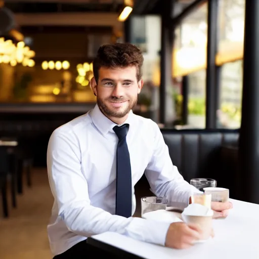 Prompt: head and shoulders male portrait of a young business professional, sitting down at a nice restaurant.