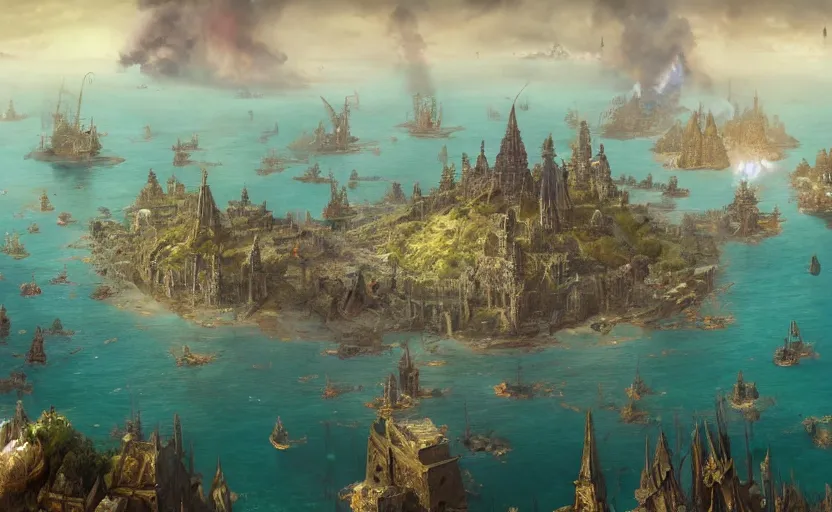 Prompt: many 15th century ships surrounding a burning Aztec city located on an island in the middle of a lake, aerial view, high detail, by Craig Mullins, Peter Mohrbacher, unreal engine, octane rendered, 8K, dark beauty, trending on artstation