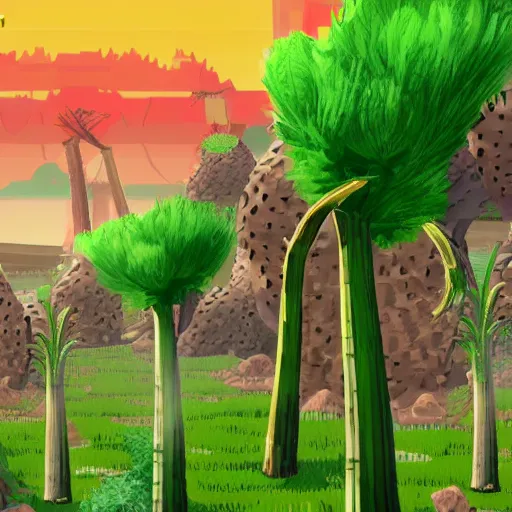 Prompt: side scroller video game of man in landscape of giant asparagus