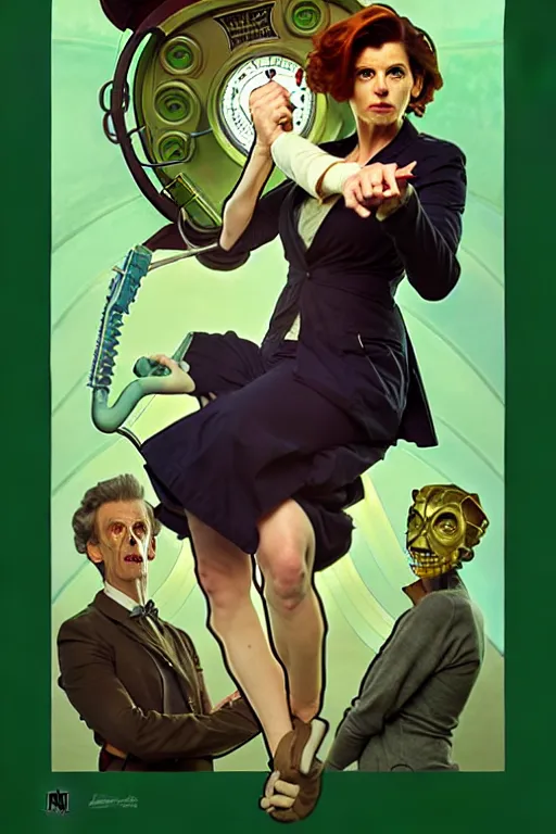 Image similar to doctor who, woman, as a mad dentist, on a plain green background, art by artgerm and greg rutkowski and alphonse mucha