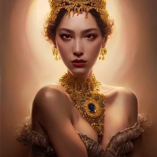 Prompt: expressive oil painting, of alluring european princess, seductive look, smooth glowing skin, glistening body, love, adoration, ornate headpiece made from beads, glamour shot, by yoshitaka amano, by greg rutkowski, by jeremyg lipkinng, by artgerm, digital art, octane render, white dress, mood lighting