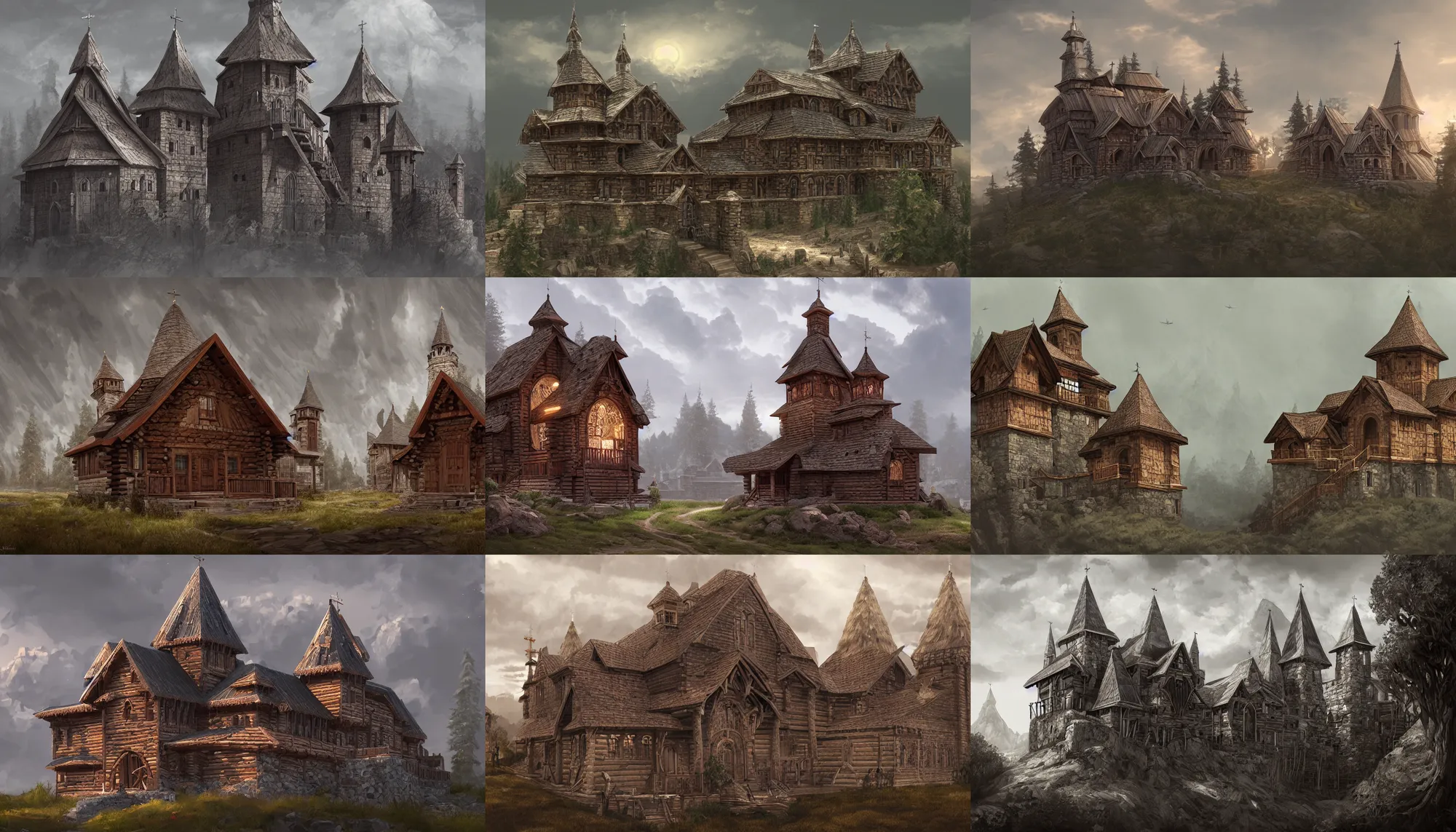 Prompt: tartarian architecture, tall castle enclosed palisaded, with christian wooden churches and domes on them, log houses built on hills, gray skies, hyper - detailed, artstation, cgsociety, 8 k