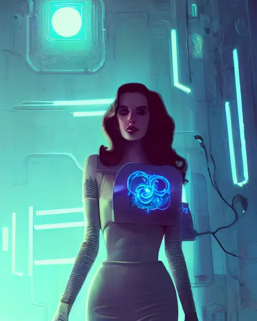 Image similar to portrait of lana del rey as a cyberpunk cyborg. roses, sci - fi, missing panels, intricate abstract upper body intricate artwork, by tooth wu, wlop, beeple, dan mumford. concept art, octane render, deviantart, greg rutkowski, cinematic, key art, hyperrealism, iridescent accents