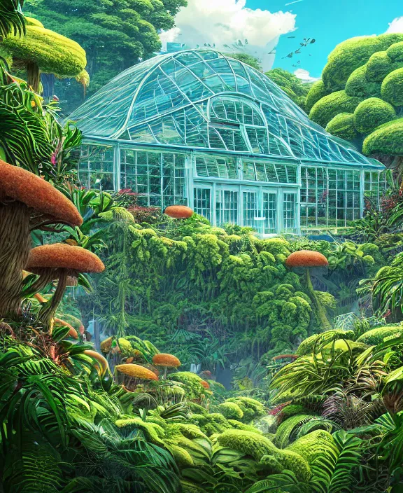 Image similar to an enormous conservatory made from exotic fungus, overgrown with huge weird ferns, on an ocean cliff side, noon, sun drenched, partly cloudy, by dan mumford, yusuke murata, makoto shinkai, ross tran, cinematic, unreal engine, cel shaded, featured on artstation, pixiv