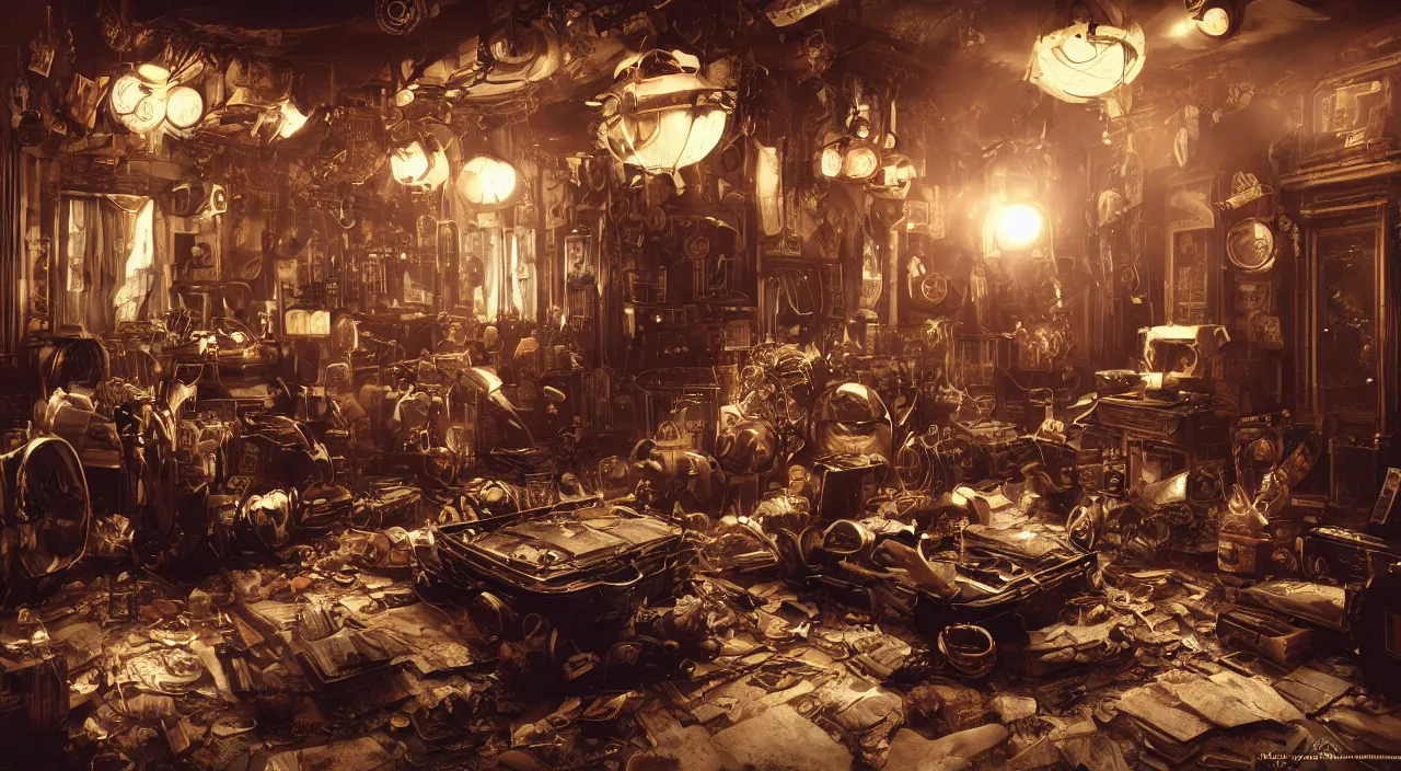 Prompt: Steampunk interior, television screens, random technology, other junk, rubbish, dirty, photographic quality, directed by Stanley Kubrick, atmospheric lighting, cinematic, trending on artstation, octane render