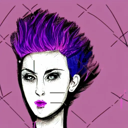 Image similar to illustration of a woman with pink hair and purple eyebrows in the style of natalie foss