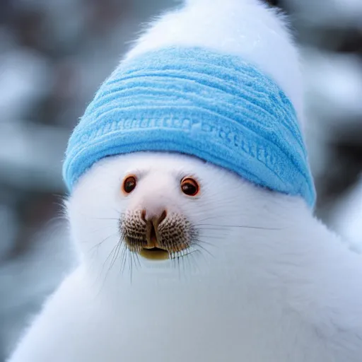 Image similar to photorealistic hd white fluffy baby harpy seal wearing a light blue winter hat, snowy, cold, arctic tundra, adorable