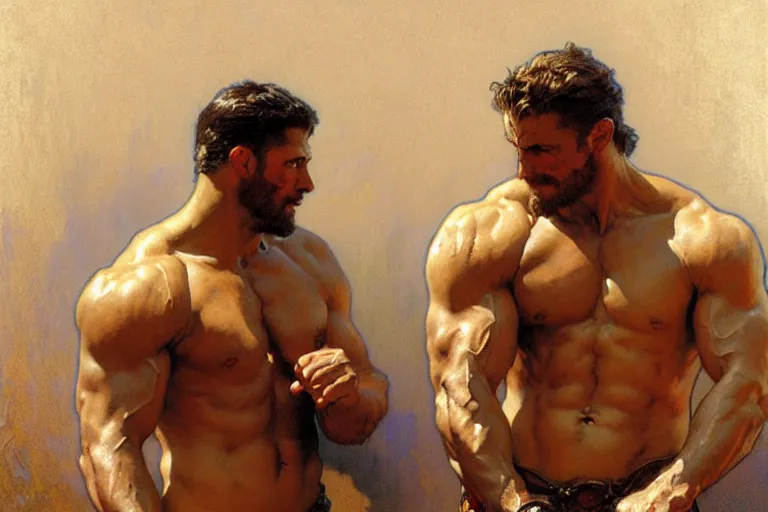 Image similar to 2 muscular attractive men chatting, painting by gaston bussiere, craig mullins, greg rutkowski, alphonse mucha