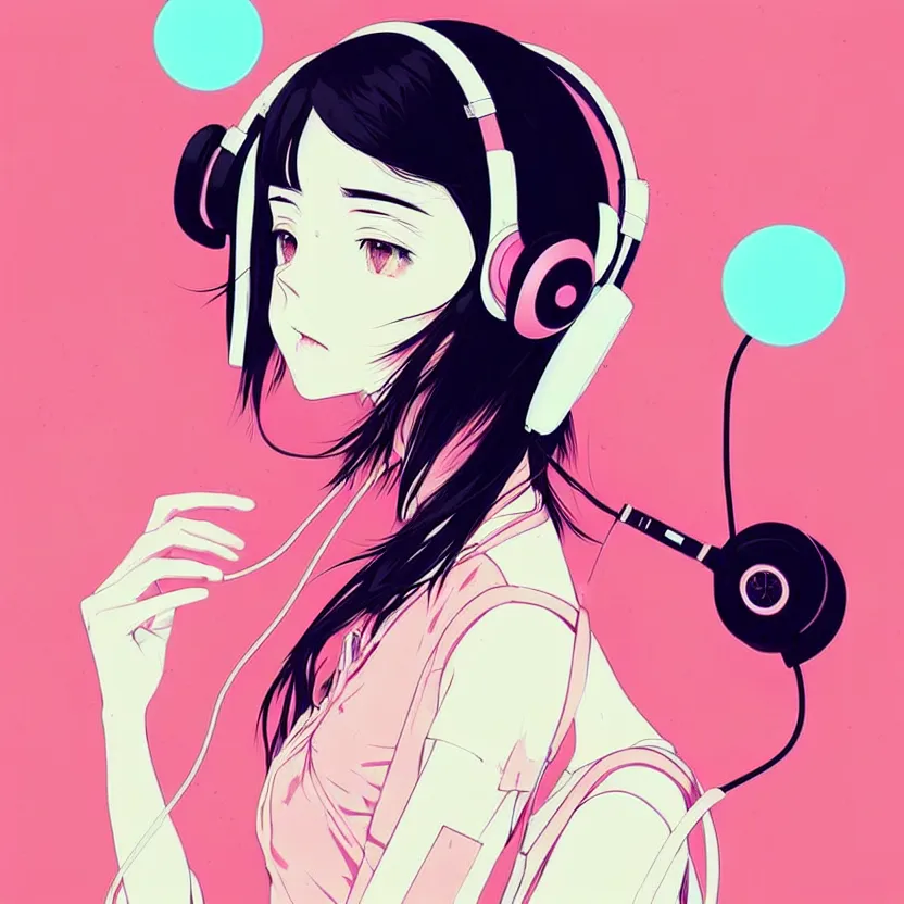 Prompt: girl with headphones, very anime!!! anime!! intricate details, aesthetically pleasing pastel colors, poster background, art by conrad roset and ilya kuvshinov