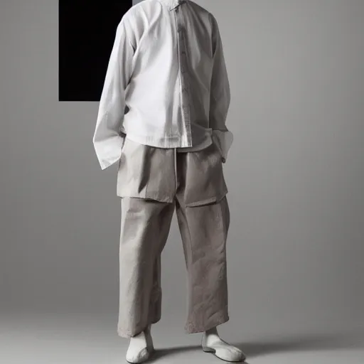 Prompt: Pants designed by Yohji Yamamoto, Julius, APC