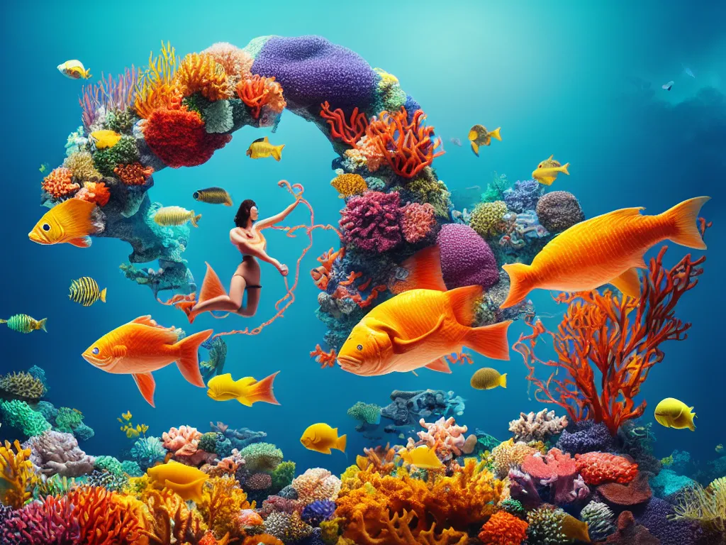 Prompt: a sculpture of fish ocean intertwined, diode lighting, a lovely cornucopia of flowers and human body parts, body parts, highly detailed, octane render, cinematic, sharp focus, clean, studio lighting, sunset, great barrier reef, at sea level