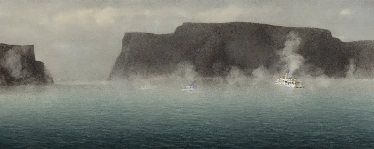 Prompt: cruise ship near misty black cliffs over steamy water by Fernand Khnopff, matte painting