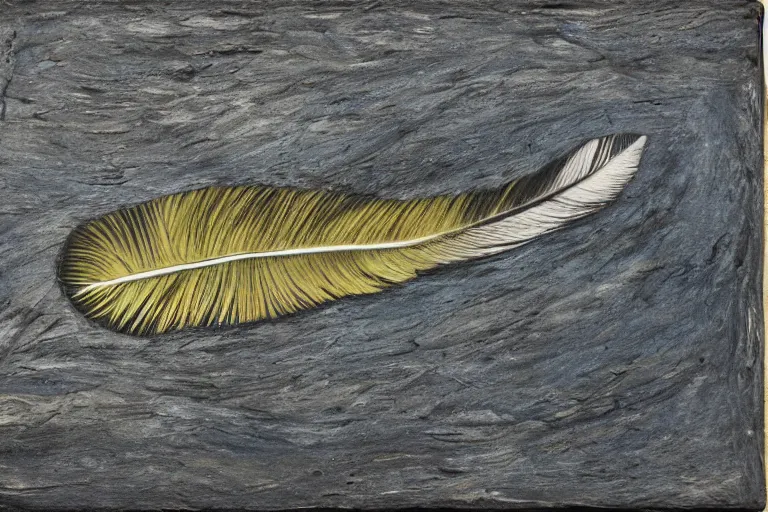 Prompt: 'The color of a River Feather' Mixed Media on Slate, private collection, masterpiece