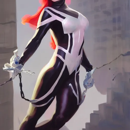 Image similar to greg manchess portrait painting of partially armored spidergwen as overwatch character, medium shot, asymmetrical, profile picture, organic painting, sunny day, matte painting, bold shapes, hard edges, street art, trending on artstation, by huang guangjian, gil elvgren, ruan jia, greg rutkowski, gaston bussiere