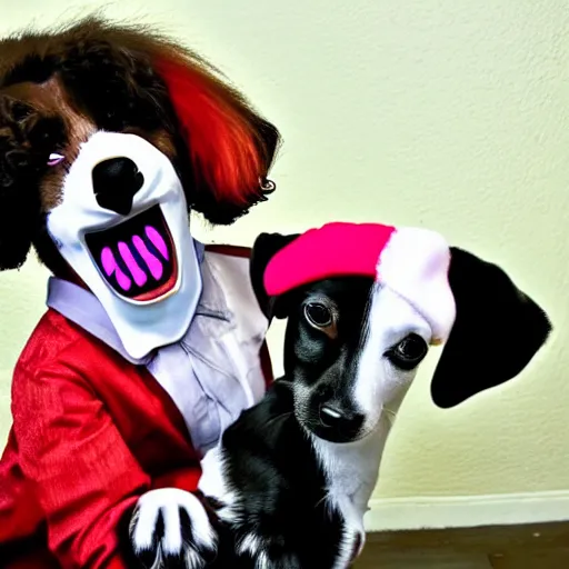 Image similar to Dogs biting scary clowns at night