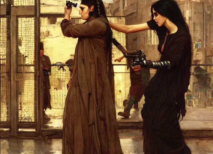 Prompt: Maria evades pvt griggs. Cyberpunk hacker escaping Cyberpunk cop. (police state, Cyberpunk 2077, blade runner 2049). Cyberpunk Iranian orientalist portrait by john william waterhouse and Edwin Longsden Long and Theodore Ralli and Nasreddine Dinet, oil on canvas. Cinematic, Realistic Proportions.