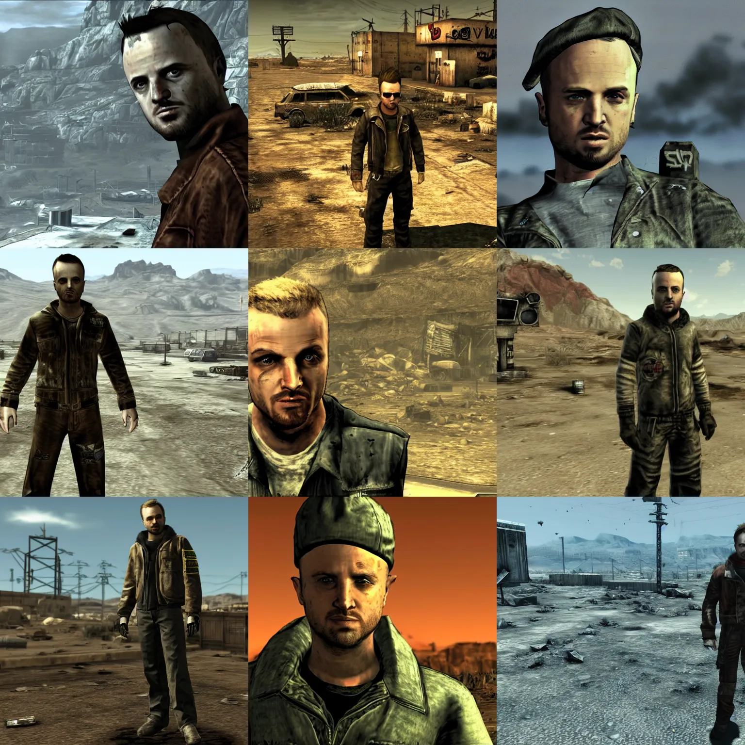 Prompt: jesse pinkman in fallout new vegas, video game, screenshot, ign, post apocalyptic, medium full shot
