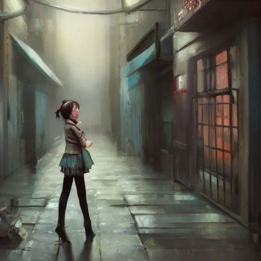 Image similar to a perfect, realistic professional oil painting in romanticism style, of a Japanese schoolgirl posing in a dystopian alleyway, close-up, by a professional American senior artist on ArtStation, a high-quality hollywood-style concept